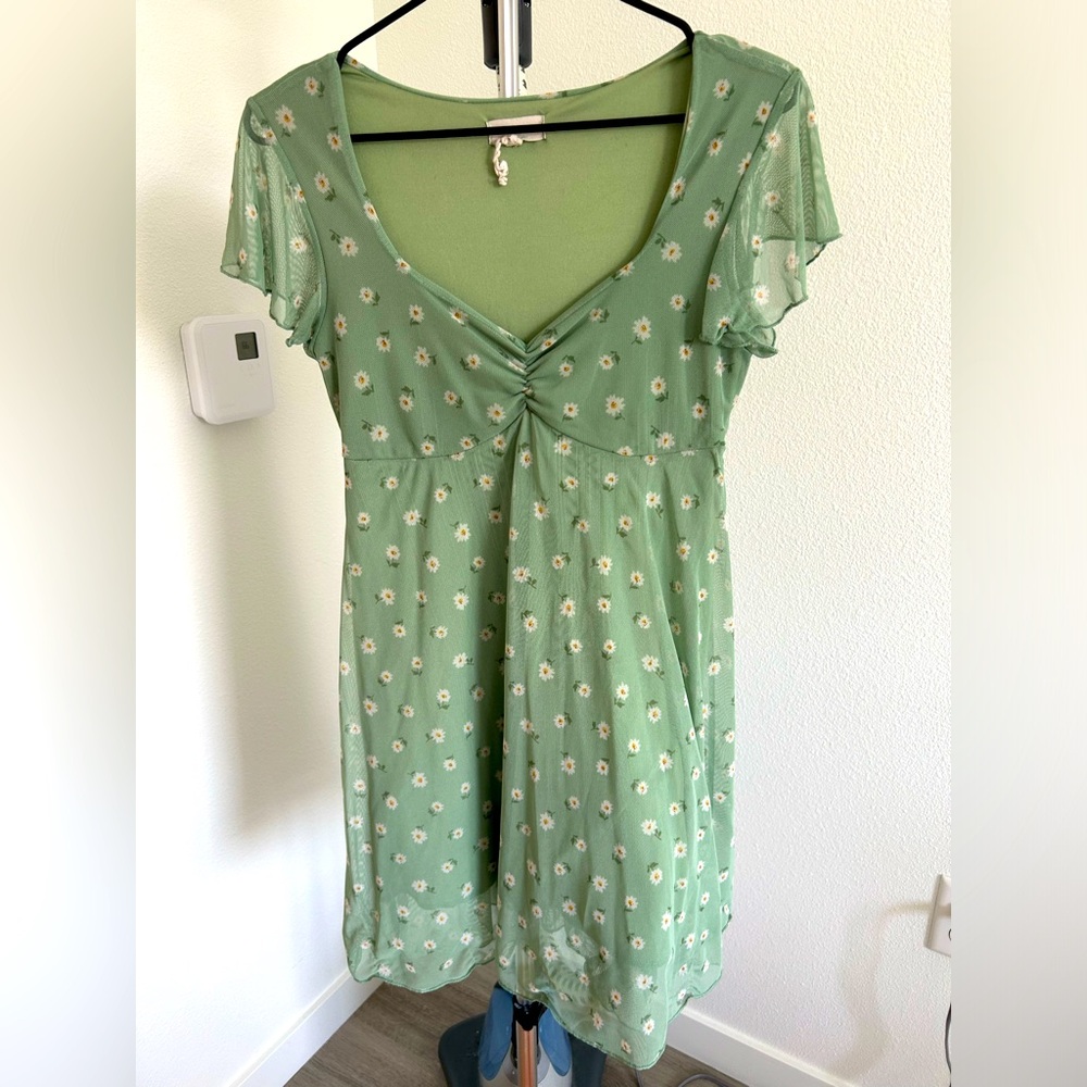 Light Green Daisy Print Babydoll Mini Dress